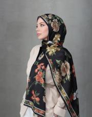 bushu gülü %100 ithal ipek şal siyah 